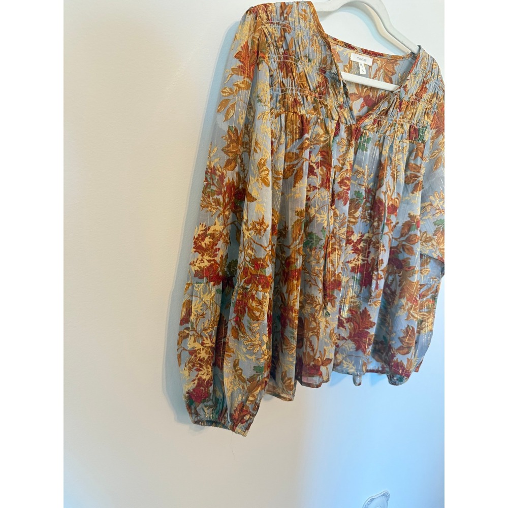 Maurices • Floral Metallic Blouson Peasant Blouse Top Orange Blue Small Boho - Picture 5 of 8